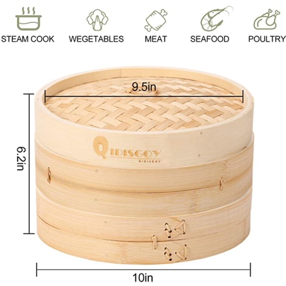 NEW 10 inch Bamboo 2 layer Steamer Basket With Lid - Picture 6 of 6